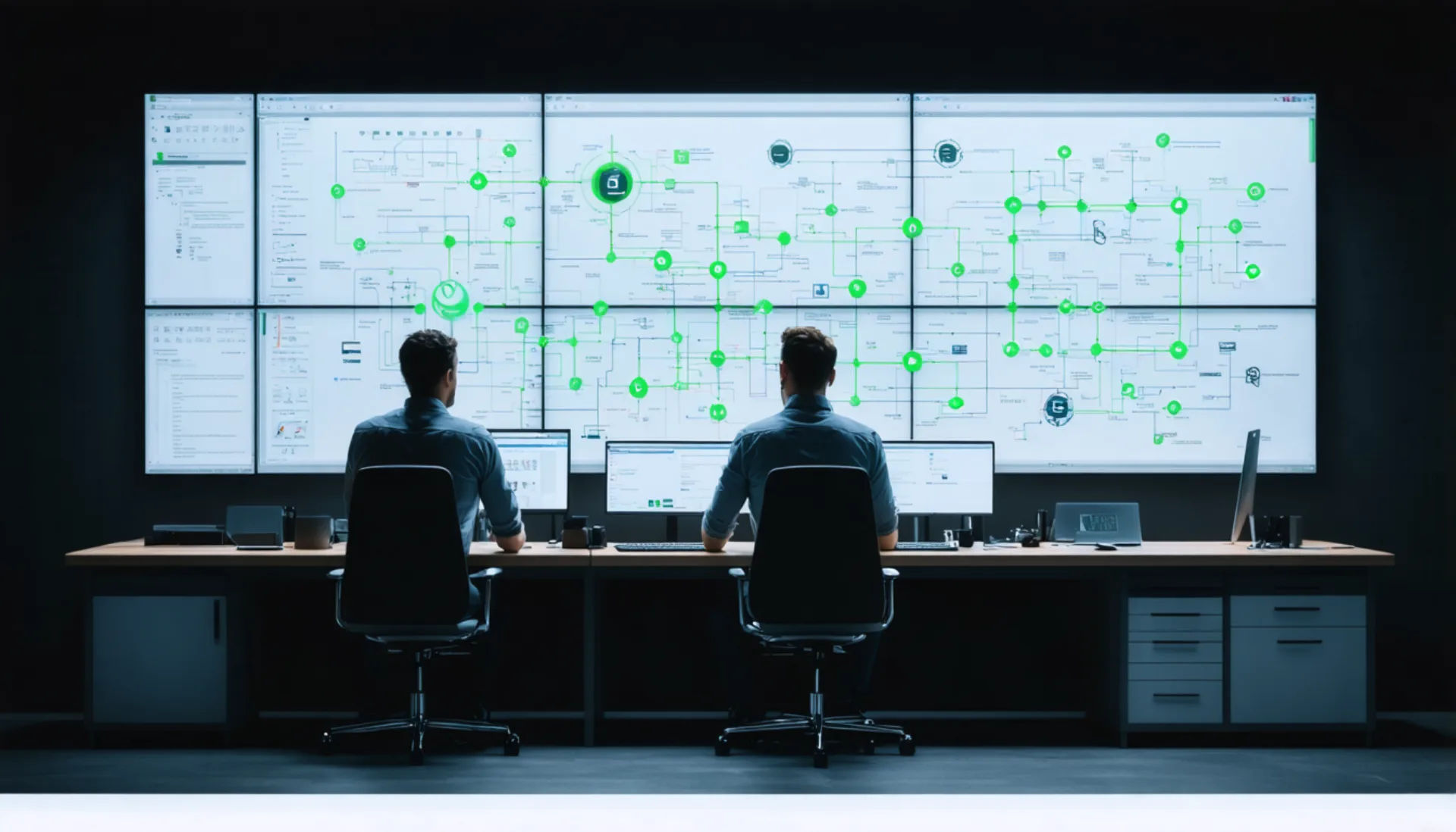 An engineering floor: two engineers reviewing a large system architecture diagram on a wall display